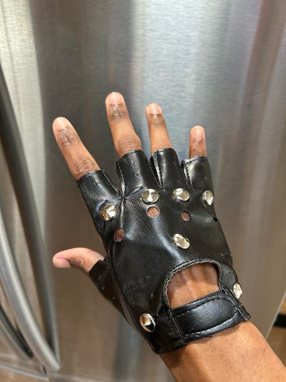 Gothic punk Y2K Black faux leather fingerless gloves with silver studs